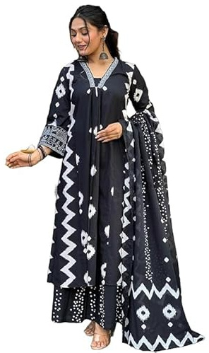 Sambhav Quilt Hub viskos kvinnor tryckt A-linje kurta byxa med Dupatta, Svart, L