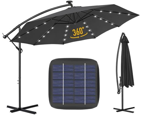 Parasol de Jardin Déporté Hexagonal 3.5M LED Solaire avec Base Croisée, Anti-UV, 8 Baleines à Double Couche, Inclinable pour Plage Balcon Patio, Gris