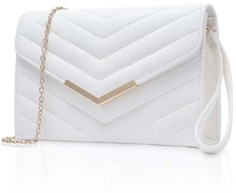 Larcenciel Pochette Bianca, Borse Bianca Donna de Sera in Ecopelle con Laccetto da Polso e Catena, Borsa a Mano Clutch a Busta, Borsa a Tracolla Trapuntata per Matrimoni, Feste, Prom, 23x16x6CM