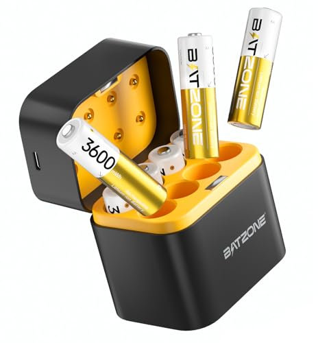 BATZONE Lot de 8 piles AA au lithium rechargeables avec chargeur, 3600 mWh haute capacité 1,5 V, piles AA Li-ion rechargeables longue durée avec boîte de rangement intégrée