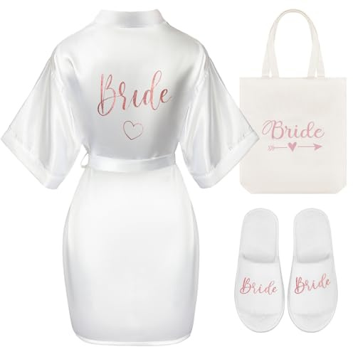 Hestya 3 Pièces Set Cadeau de Mariée avec Bride en Or Rose Cadeaux de Fête Nuptiale Peignoir de Mariée en Satin Blanc Sac Pantoufles pour Mariage Fiançailles Spa EVJF(3XL)