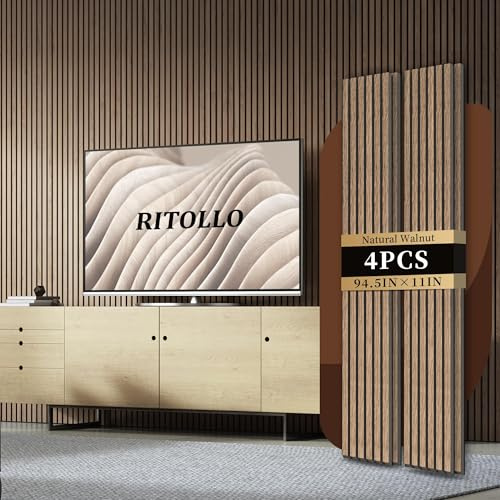 RITOLLO 4-Piece Wood Slat Panels for Wall 94.5×11 Acoustic Panels for Interior Wall Decor 3D Fluted Sound Absorbing Panel - Natural Walnut