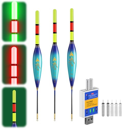 ACAREY LED Posen Angeln Set mit Bissanzeiger, Doppelfarbige Nachtfischboje | Leuchtposen Angel 4g/5g/6g/7g/8g/9g Tragkraft, Inkl. Batterien Ladegerät, Angelzubehör Für Fluss und See
