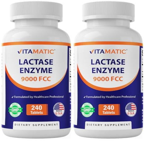 Vitamatic Lactase Enzyme 9000 FCC 240 Tablets - Lactose Intolerance Relief Caplets- 2 Pack