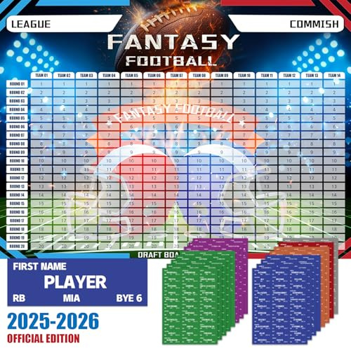 Fantasy Football Draft Board Saison 2025–2026, 15 x 100 cm, großes Brett-Set, bis zu 14 Teams, 20 Runden, 600+ Spieler-Aufkleber enthalten Top Rookies, Leere Etiketten