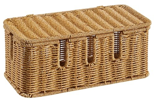 Dorccsi Cable Tidy Box, Rattan Woven Cable Management Box with Lid and 5 Dedicated Slots, 12x5.5x5 Under Desk Socket Organiser for Hiding TV Wires, Power Strips and Electrical Cords Extension Lead