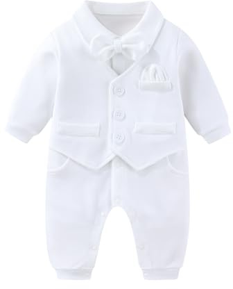 Hresadio Baptism Outfits for Baby boys Christening Outfit Long Sleeve Shirt Romper Bowtie Newborn Clothes Formal Suit White 3-6 Months