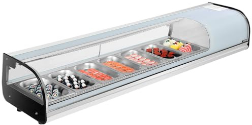VEVOR Sushi Display Case Refrigerator, 2.5 Cu.ft Commercial Sushi Case, 7-Pan Countertop Showcase with Curved Glass, LED Lighting, and Digital Temperature Control, for Sushi-Bar, Restaurant, Store