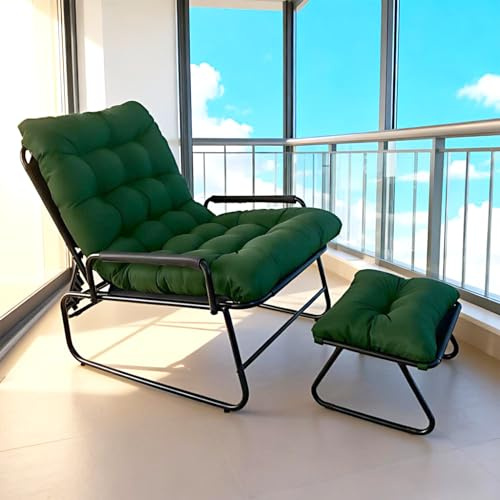 FUOIDYE Loungesessel Outdoor, Gartenliege Liegestuhl Balkonsessel mit Hocker, Relaxsessel Garten, Auflage Abnehmbar, 5-Positionen Liegefunktion für Wohnzimmer,Terrasse, Studie, bis150kg (Grün)