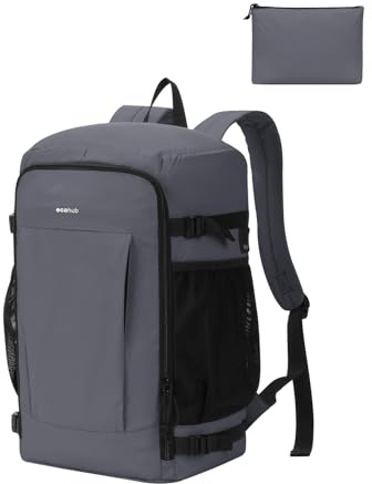ECOHUB Zaino Ryanair 40x30x20 cm Leggero e 2 in 1, Zaino da Viaggio Pieghevole Sotto il Sedile, Bagaglio a Mano con Tasca Antifurto, Borsa da Cabina in Tessuto Riciclato per Uomo e Donna, Grigio
