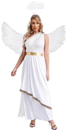 Jydiazi Disfraz de ángel para mujer, con alas y halo, disfraz de Navidad, disfraz de fiesta, color blanco, S