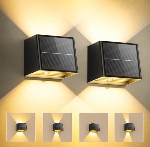 TuyLuxe Solarlampen für Außen 2Pack mit Bewegungsmelder, Solar Wandleuchten | 3 Lichtmodi & 2 Lademodi, 2000mAh, 3500K Warmweiß, Einstellbarer Lichtstrahl, IP65, Solar Wandlampe Außen Wand Garten Balkon