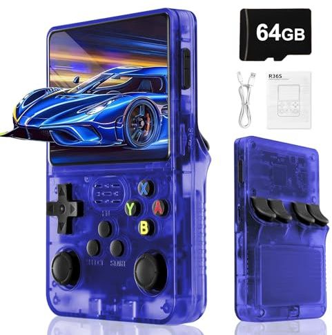 Rbic Consola de Videojuegos Retro R36S-3000 mAhBatería,Pantalla HD de 3,5 Pulgadas,Tarjeta TFde 64GB,Sistema operativo Linux de código Abierto, más de 20000 Videojuegos clásicos-Azul