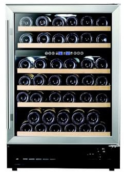 Cookology Essentials 60cm Built-Under Wine Cooler - Stainless Steel & Black | 51 Bottle Capacity - Touch Control Blue Display - Compressor Cooling - Auto Defrost - White LED Light