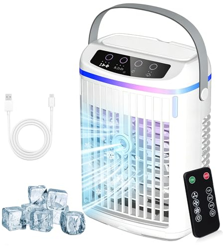 Portable Air Conditioner 4 in 1 Cooling Fan with 3 Speeds & 3 Mist Modes 1000ml Water Tank 1-4H Timer Remote Control 7 LED Light Personal Evaporative Air Cooler Fan for Bedroom Home Office Dorm