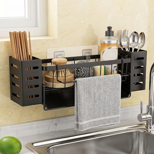 Kitchen Sink Caddy, Auto-Draining Sinkware Organiser for Countertop Tidy | Compact Sink Organiser | Multifunctional Zoned Storage | Both Countertop and Wall | Kitchen Sink Organiser Accessories
