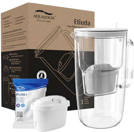 Aqualogis Etiuda 2.9L | Carafe Filtre à Eau en Verre Premium | avec 1 Cartouche Pure+ | Blanc | Réduit les odeurs et le goût désagréables