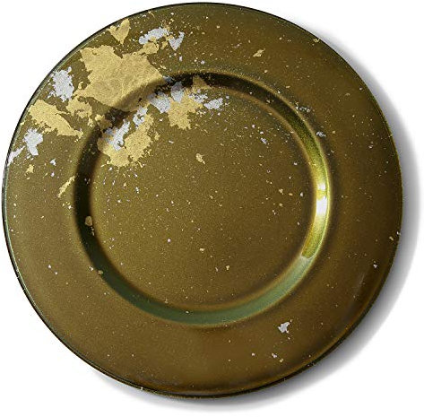 Syosaku Japanese Urushi Glass Charger Plate-L Φ13.9-inch Majestic Green with Gold Leaf, Dishwasher Safe