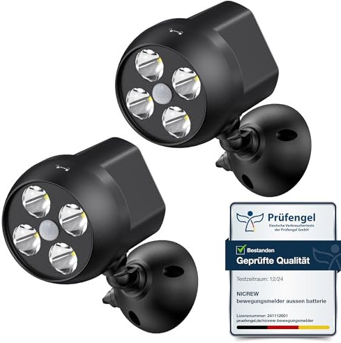 NICREW Bewegungsmelder für Aussen, Batteriebetriebene Aussenlampe mit Sensor, Leistungsstarke LEDs ohne Kabel, 2x4 LEDs, Wetterfestes Sicherheitslicht für Veranda, Garage, Garten