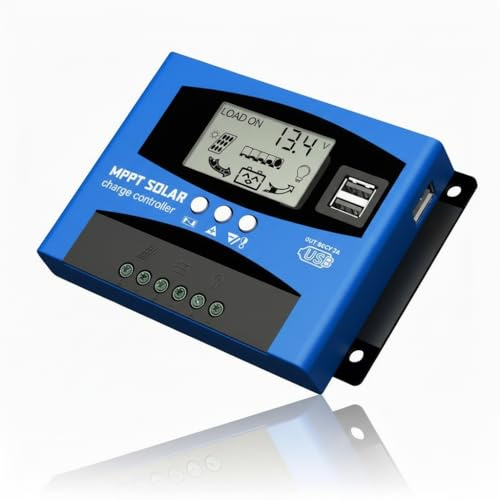 Fuhuihe 12V/24V MTTP Solarladeregler Solarpanel Batterieladegerät Intelligenter Regler mit Dual USB Port LCD Display Überstromschutz für Haus, Industrie, Gewerbe (blau, 50A)