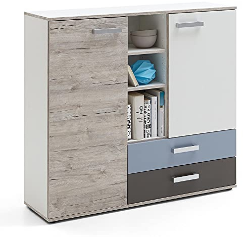 Lomadox Jugendzimmer Anrichte Highboard in Sandeiche, weiß, Lava Denim