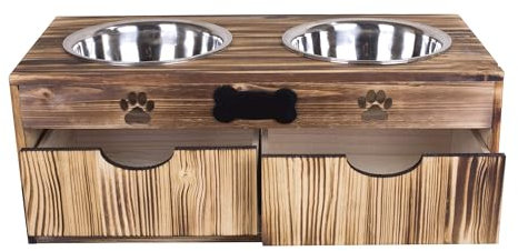 green leaves Dog Food Feeding Stand Station Stainless Raised Bowl Wooden Crate (Large Double Bowls)