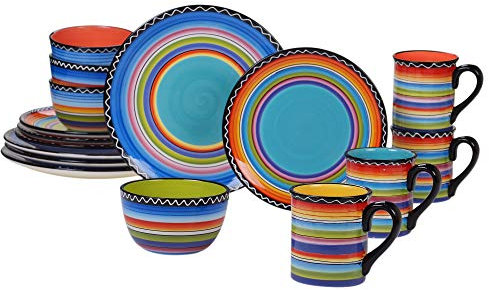Tequila Sunrise 16-Piece Boho Ceramic Dinnerware Set – Vibrant Multicolor Plates, Bowls & Mugs for 4 – Bold Microwave & Dishwasher Safe Fiesta-Inspired Tableware for Everyday Dining