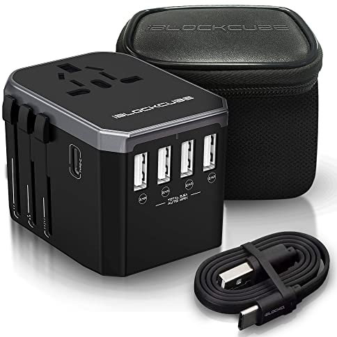 iBlockCube® Universal Travel AC Power Plug Adapter with International Socket | 4 USB 5.6A + 1 Type-C 3.0A Smart Ports Work for US EU AU UK up to 150+ Countries Worldwide Type A G I (Silver)