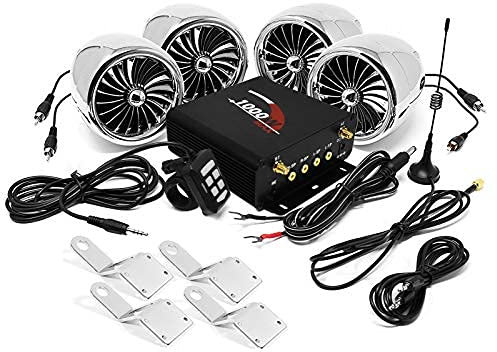 Aileap 1000W - Amplificador de moto, 4 altavoces, sistema de audio estéreo, Bluetooth, impermeable, AUX MP3, USB, SD, radio FM, para Harley Touring Cruiser ATV UTV Scooter (cromo)