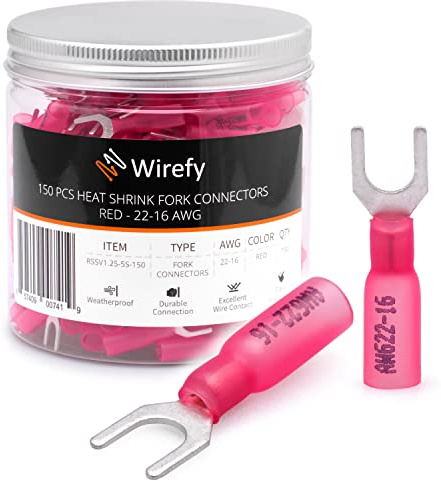 Wirefy 150 PZ Connettori Forchetta 5 mm - Kit Terminali Termoretraibili - Capicorda Elettrici Crimpare - Rosso 0,34-1,5 mm²