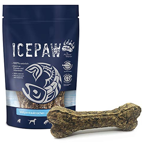 ICEPAW Welpenkauknochen (3 Beutel, 12 Stück, 3 x 250g) I aus Rinderhaut und Lachshaut I Zahnpflege für Welpen