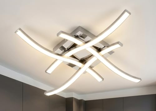 Trango Modern Design XXL 4-flammig geschwungene dimmbare LED Deckenleuchte Deckenlampe 3132XXL mit 4x 6 Watt LED Module - 3000K warmweiß - Nickel matt Deckenstrahler Strahler, Wohnzimmer Lampe