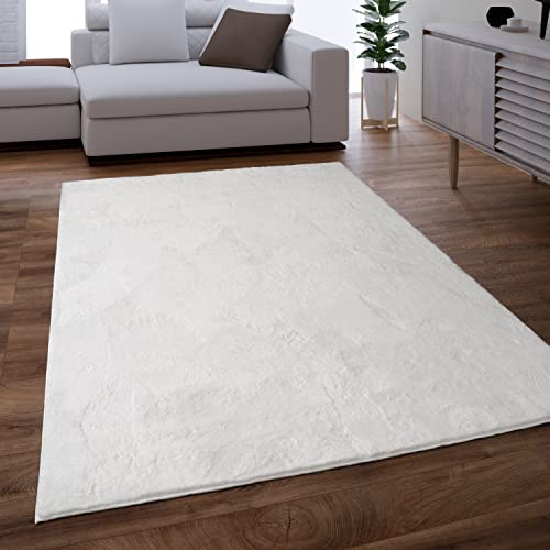 Paco Home Teppich Wohnzimmer Schlafzimmer Kunstfell Shaggy Hochflor Flauschig Soft Einfarbig Weiß, Grösse:160x220 cm