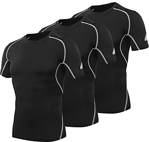 AMZSPORT Kompressionströja för män, kortärmad, funktionell skjorta, snabbtorkande, träningstopp, 3-pack: svart, XXL