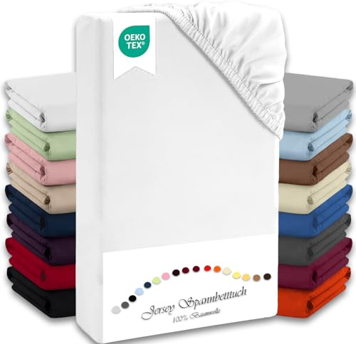 Julido Jersey Spannbettlaken 140x200 cm, Betttuch mit Gummizug, Bettlaken Weiß aus Baumwolle, Oeko-Tex Standard 100