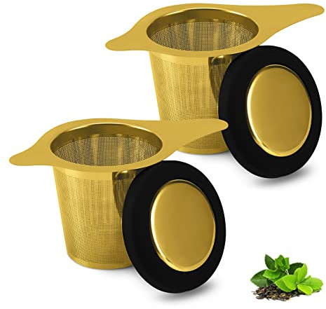Two Pack Tea Infuser Basket Stainless Steel Tea Strainer Tea Filter With Small Strainer And Lid Tea Diffuser For Loose Tea Superior Brewing Experience (Two pack gold)