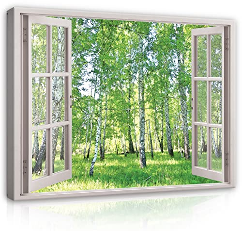 WallArena Leinwand Bilder - Fensterbilck Wald Grün Birkenwald 120x80 cm | Leinwandbilder, Bild auf leinwand, Wandbild XXL groß Wandbilder für Wohnzimmer Schlafzimmer Wohnzimmerbilder