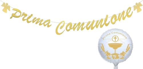 Festone con Scritta Prima Comunione Oro - Decorazioni e Addobbi Comunione Bambini - Striscione Festoni Glitter