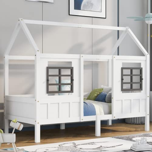 Kayan Hausbett, Einzelbett, Tagesbett, Kinderbett mit 2 Fenstern, Rahmen aus Kiefer, MDF, weiß (200x90cm)