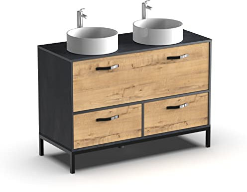 Muebles Pitarch | Mueble de Baño Doble 120cm ancho, Industrial Negro y Roble Gold, con estructura Patas, 2 Cajones y 1 Puerta, para Lavabos de sobreponer, modelo Sena