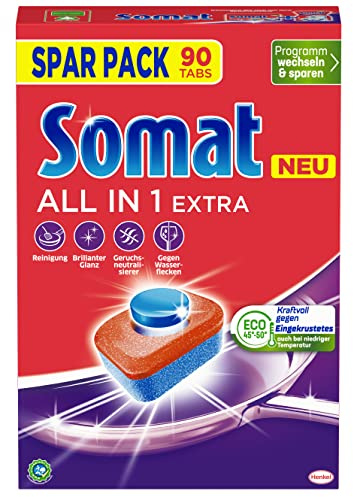 Somat Pastillas para lavavajillas todo en 1 extra (90 pastillas), para una limpieza radiante incluso a bajas temperaturas, combate incluso los residuos incrustados