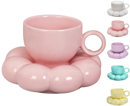ARISKEY Cute Coffee Mug for Women,Tea Cup and Saucer Set with Spoon,6.5oz/200ml for Latte and Milk,Dishwasher and Microwave Safe,Suitable for Mom,Peach Pink