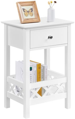 Yaheetech 1pcs Mesita de Noche Vintage con Cajón y Cesta 40×30×60cm Mesilla de Noche para Cama Dormitorio Mesita Auxiliar de Madera DM Blanco Mate