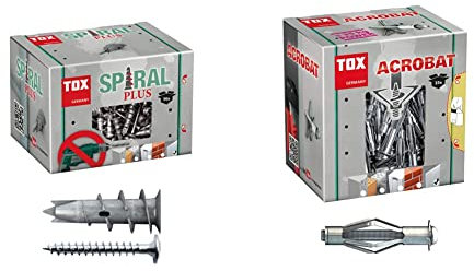 TOX Gipskartondübel Spiral Plus 37-2 – 4,5 x 35 mm – Haltewerte bis zu 20 kg – 50 Dübel mit Schrauben 4,5 x 35 mm – 68101021 & Metall-Hohlraumdübel Acrobat M6 x 37 mm verzinkt, 25 Stück, 035101111