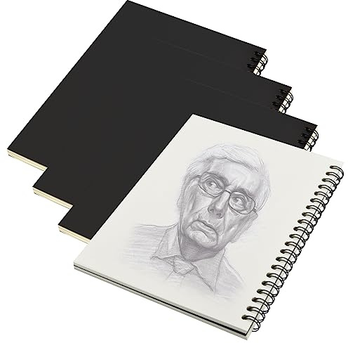 Tinsellns 4Pcs A5 Sketchbook 50 Sheets Spiral Bound Artist Sketch Pad Black Kraft Cover Blank Drawing Notebook for Graphite Pencil Painting Artists Studio School
