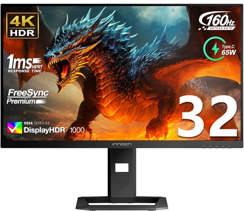 INNOCN 32 Mini LED 4K 144Hz 3840 x 2160P Computer Gaming Monitor 1ms IPS HDR1000 HDMI 2.1 Monitor, 99% DCI-P3, USB Type-C Connectivity, Height Adjustable Stand - Black