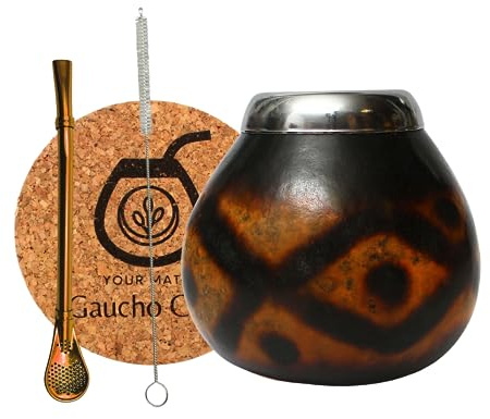 Gaucho Cebar set med naturlig kalebass för Yerba Mate-te | Pumpakopp och sugrör i rostfritt stål Bombilla Straw Accessories – korkdyna och borste, brun