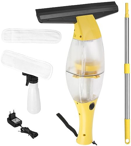 Akku Fenstersauger mit Teleskopstiel, Sprühflasche mit Mikrofaserbezug, 28 cm Saugdüse, Fensterreiniger elektrisch, 360° streifenfreie Reinigung, elektrischer Fensterreinigungshelfer