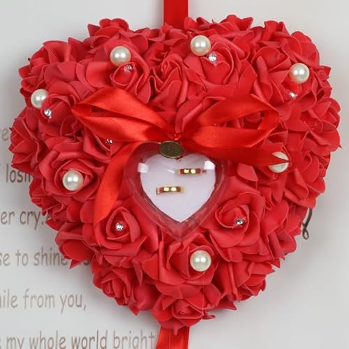 SYSUII Kissen für Hochzeitsringe, Ringhalter in Herzform mit romantischen Rosen Romantische Ringkissen Rosen Eheringkissen Ringbox Geschenk Ringbox Kissen Ringträger für Eheringe Verlobung-Rot