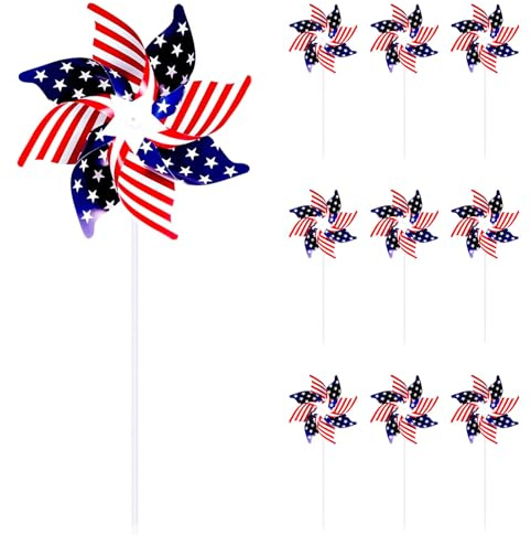 Liobelon Lot de 10 moulins à vent patriotiques avec motif drapeau des États-Unis - Moulins à vent avec piquet - Étoiles et rayures réfléchissantes - Décoration pour l'indépendance du 4 juillet